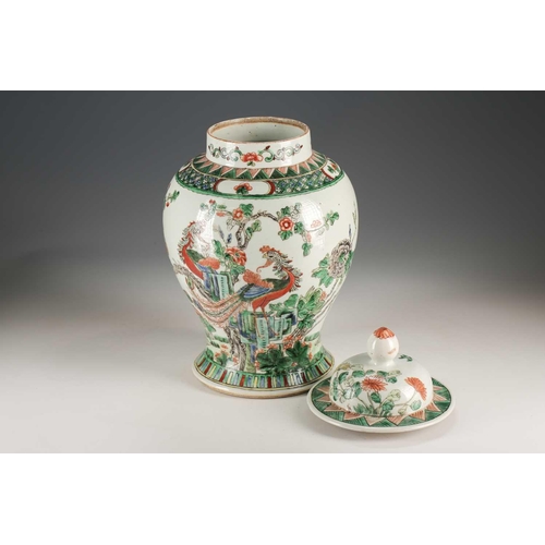 261 - A Chinese famille verte vase and cover, Qing, 19th century, painted with two feng-huang amongst tree... 