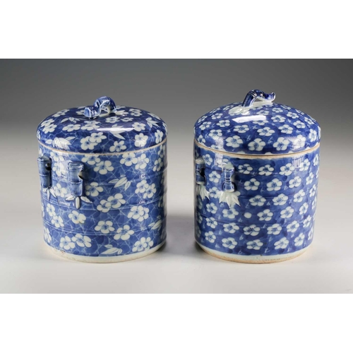 277 - A near pair of Chinese blue & white containers and covers, Qing, Kangxi period, with simulated bambo... 