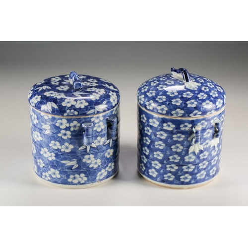 277 - A near pair of Chinese blue & white containers and covers, Qing, Kangxi period, with simulated bambo... 