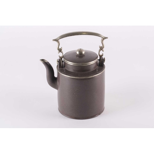 278 - A Chinese polished Yixing teapot and cover, Qing, with an upright metal handle, with metal mounted k... 