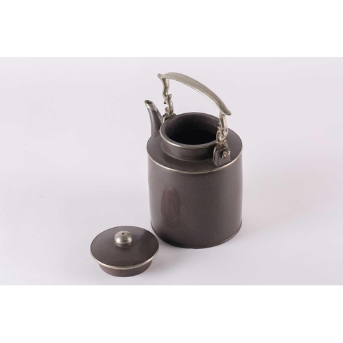 278 - A Chinese polished Yixing teapot and cover, Qing, with an upright metal handle, with metal mounted k... 