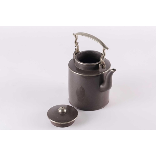 278 - A Chinese polished Yixing teapot and cover, Qing, with an upright metal handle, with metal mounted k... 