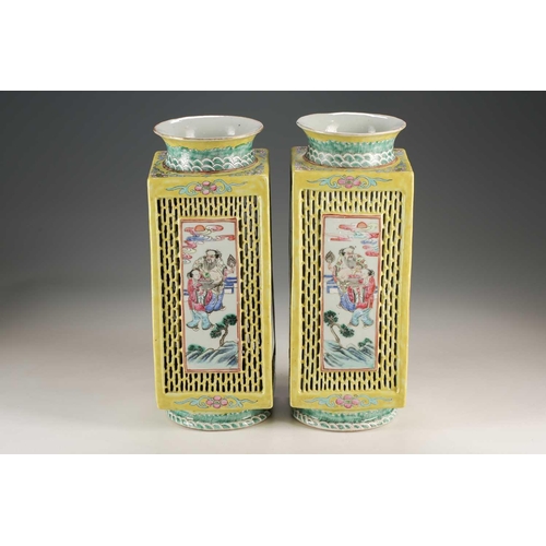 280 - A pair of Chinese porcelain reticulated lanterns, Qing, 19th century, the square section bodies with... 