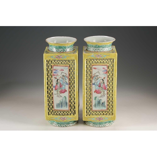 280 - A pair of Chinese porcelain reticulated lanterns, Qing, 19th century, the square section bodies with... 