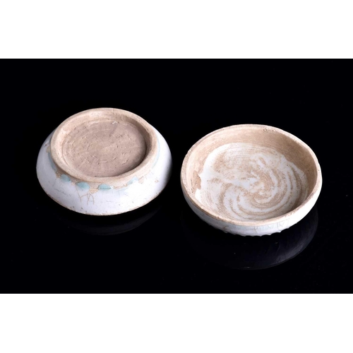 285 - A pair of Chinese mallow flower shaped dishes, Yuan dynasty, each celadon glazed with six sectioned ... 