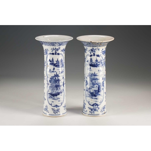 290 - A pair of Chinese blue & white vases, Qing, 18th century, the cylindrical bodies with flaring rims, ... 