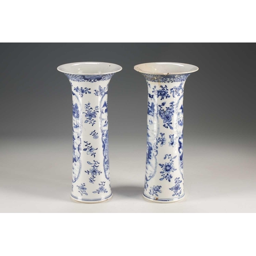 290 - A pair of Chinese blue & white vases, Qing, 18th century, the cylindrical bodies with flaring rims, ... 