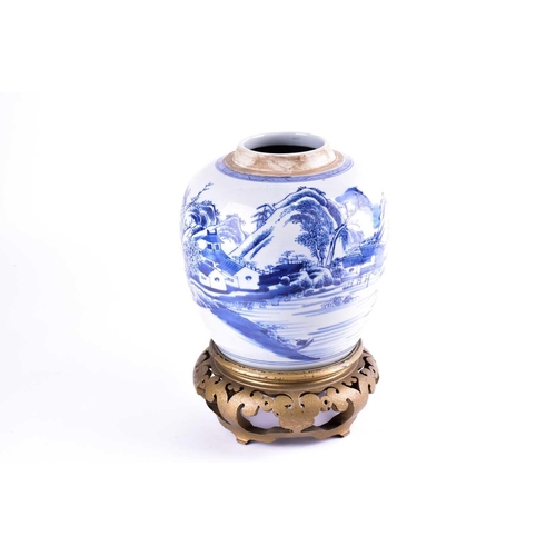 292 - A Chinese blue & white ginger jar, Qing, Qianlong period, painted with a continuous landscape of fig... 