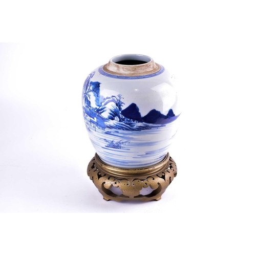 292 - A Chinese blue & white ginger jar, Qing, Qianlong period, painted with a continuous landscape of fig... 