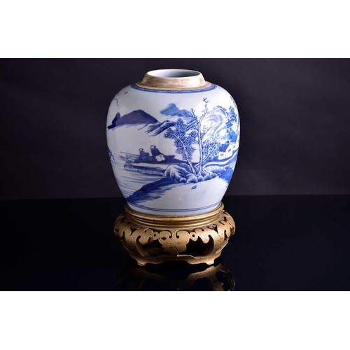 292 - A Chinese blue & white ginger jar, Qing, Qianlong period, painted with a continuous landscape of fig... 