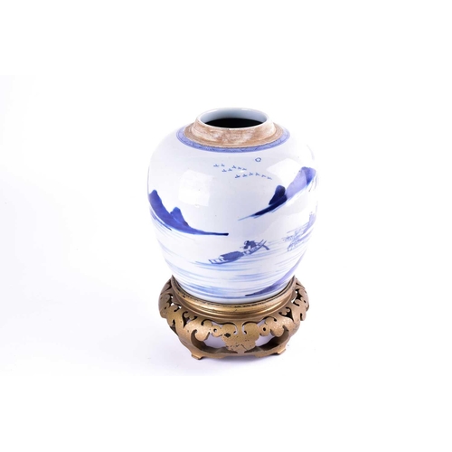 292 - A Chinese blue & white ginger jar, Qing, Qianlong period, painted with a continuous landscape of fig... 