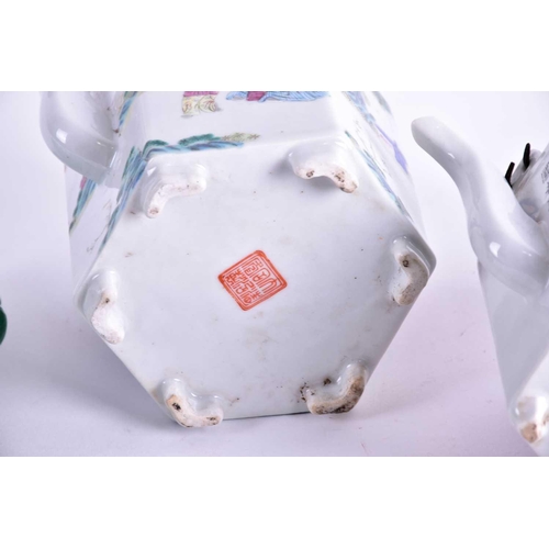 295 - A Chinese porcelain Wu Shang Pu teapot, Qing, late 19th century, of hexagonal form, painted with Lia... 