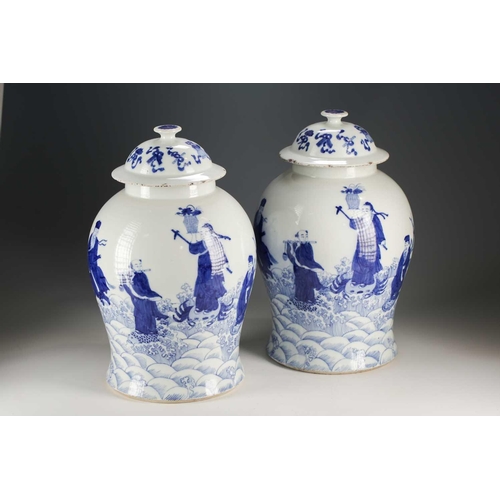 301 - A pair of Chinese blue and white vases and covers, Qing, late 19th century, painted with the eight T... 