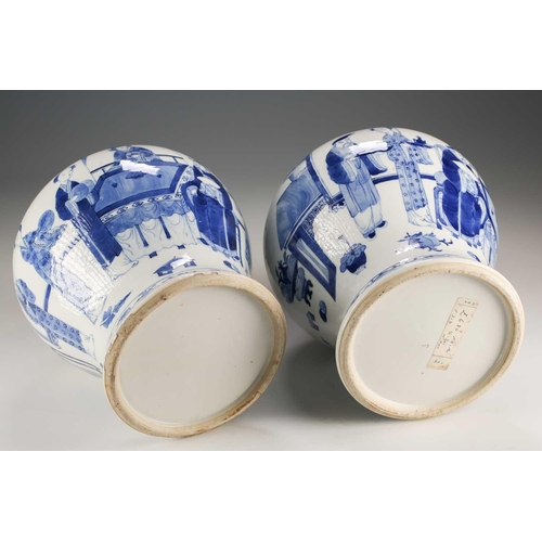 306 - A pair of Chinese blue and white vases and covers, Qing, late 19th century, the covers painted with ... 