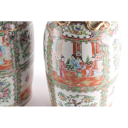 311 - A pair of Canton enamel vases, Qing, 19th century, the flared rim above gilt shi-shi handles and chi... 