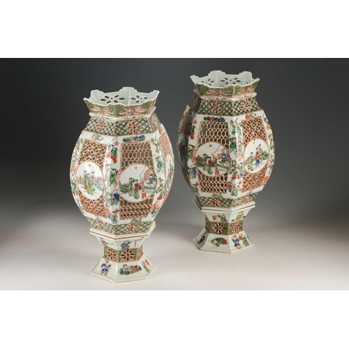 312 - A pair of Chinese 'Romance of the Western Chamber' famille verte porcelain lanterns, late Qing, of s... 