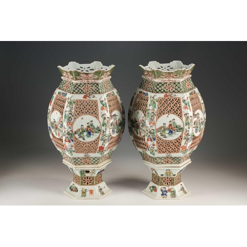 312 - A pair of Chinese 'Romance of the Western Chamber' famille verte porcelain lanterns, late Qing, of s... 