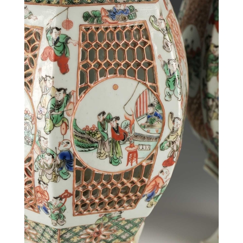 312 - A pair of Chinese 'Romance of the Western Chamber' famille verte porcelain lanterns, late Qing, of s... 