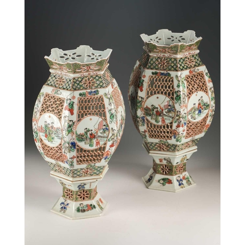 312 - A pair of Chinese 'Romance of the Western Chamber' famille verte porcelain lanterns, late Qing, of s... 