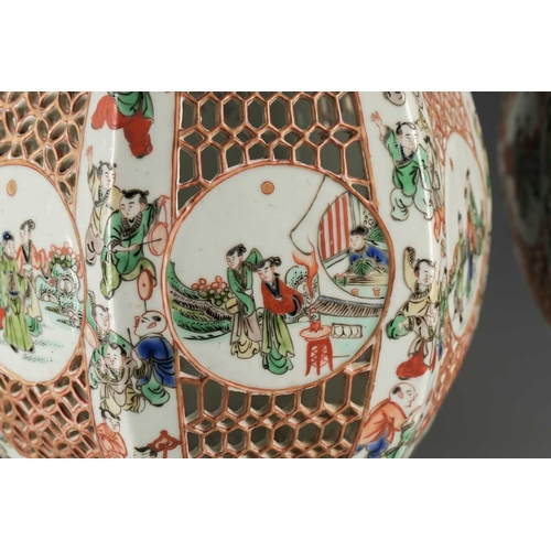 312 - A pair of Chinese 'Romance of the Western Chamber' famille verte porcelain lanterns, late Qing, of s... 