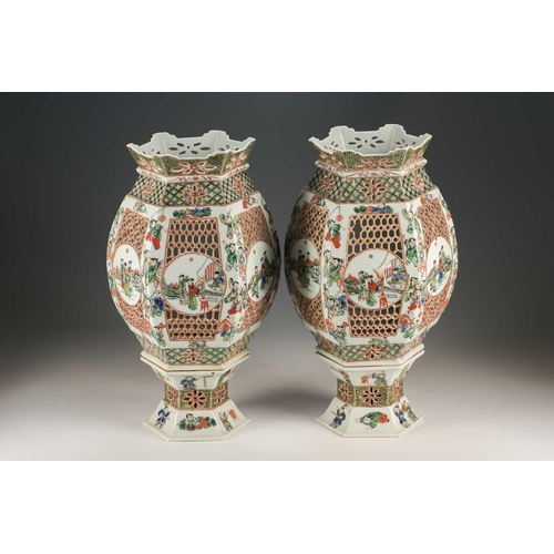 312 - A pair of Chinese 'Romance of the Western Chamber' famille verte porcelain lanterns, late Qing, of s... 