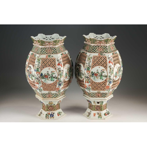 312 - A pair of Chinese 'Romance of the Western Chamber' famille verte porcelain lanterns, late Qing, of s... 