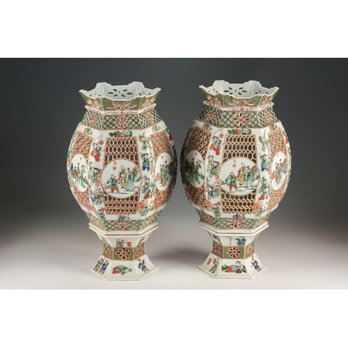 312 - A pair of Chinese 'Romance of the Western Chamber' famille verte porcelain lanterns, late Qing, of s... 