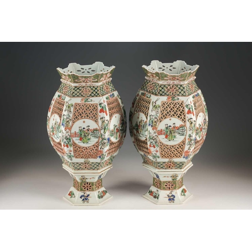 312 - A pair of Chinese 'Romance of the Western Chamber' famille verte porcelain lanterns, late Qing, of s... 