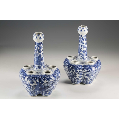 316 - A pair of Chinese blue & white quintal bulb vases, Qing, 19th century, each with artichoke mouth, th... 