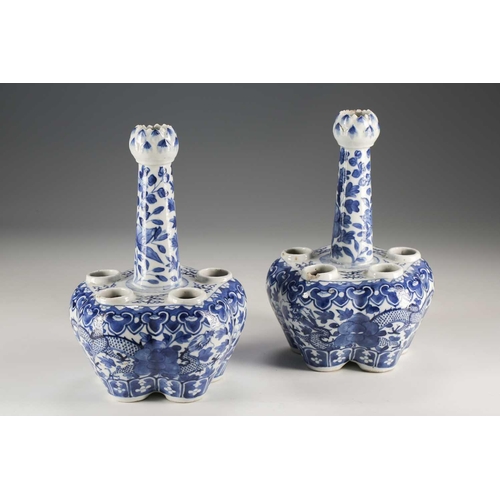 316 - A pair of Chinese blue & white quintal bulb vases, Qing, 19th century, each with artichoke mouth, th... 