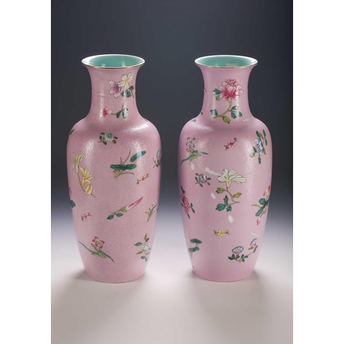 317 - A pair of Chinese Famille Rose vases, finely painted with blossoming Carnations, Convolvulus, Peony,... 