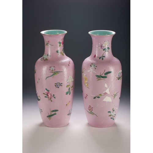 317 - A pair of Chinese Famille Rose vases, finely painted with blossoming Carnations, Convolvulus, Peony,... 