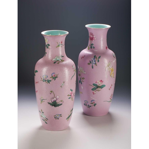 317 - A pair of Chinese Famille Rose vases, finely painted with blossoming Carnations, Convolvulus, Peony,... 