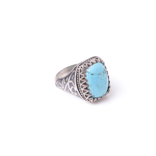 359 - An Eastern niello decorated (925) silver and turquoise gentleman's ring set with a single rectangula... 