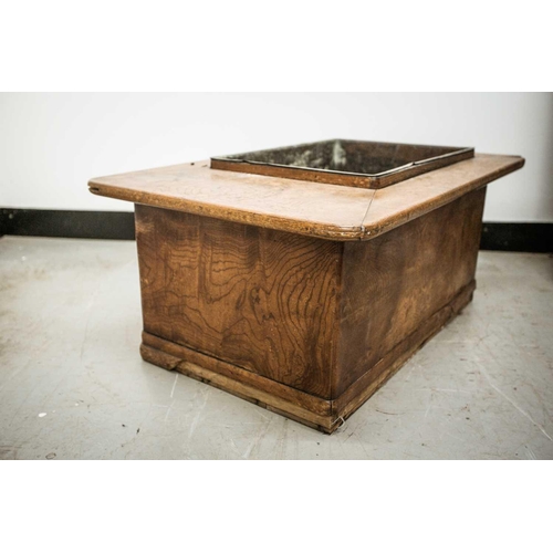 42 - A Japanese keyaki wood hibachi, late 19th century, with rectangular copper liner, above four short d... 