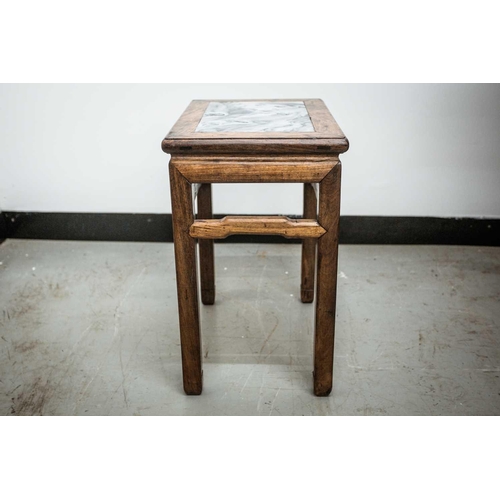 45 - A Chinese hardwood vase stand, early 20th century, the rectangular top with inset grey/white marble ... 