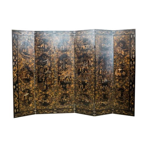 62 - A large Chinese six panel room divider, 20th century, painted with shaped panels enclosing figures i... 