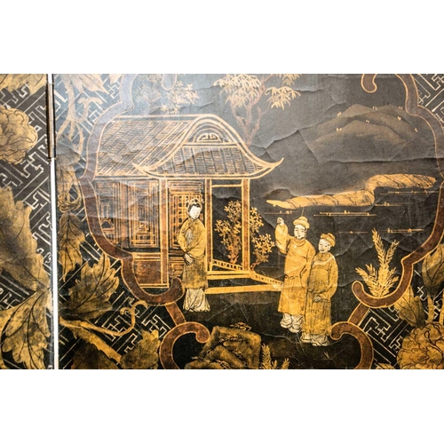 62 - A large Chinese six panel room divider, 20th century, painted with shaped panels enclosing figures i... 