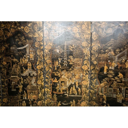 62 - A large Chinese six panel room divider, 20th century, painted with shaped panels enclosing figures i... 