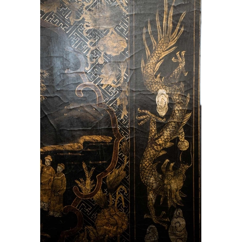 62 - A large Chinese six panel room divider, 20th century, painted with shaped panels enclosing figures i... 