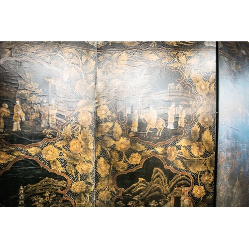 62 - A large Chinese six panel room divider, 20th century, painted with shaped panels enclosing figures i... 