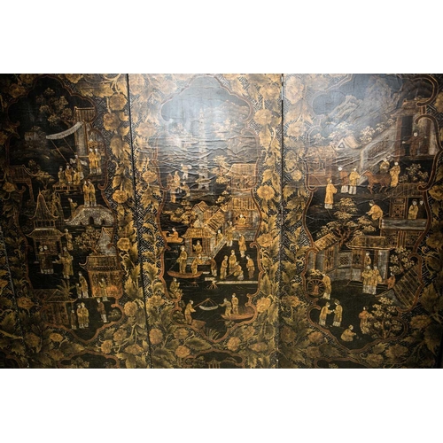 62 - A large Chinese six panel room divider, 20th century, painted with shaped panels enclosing figures i... 