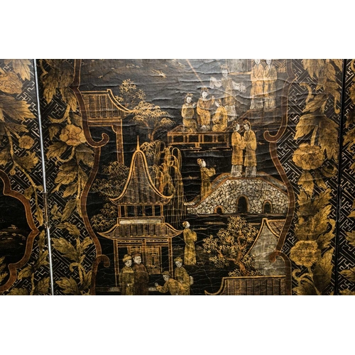 62 - A large Chinese six panel room divider, 20th century, painted with shaped panels enclosing figures i... 