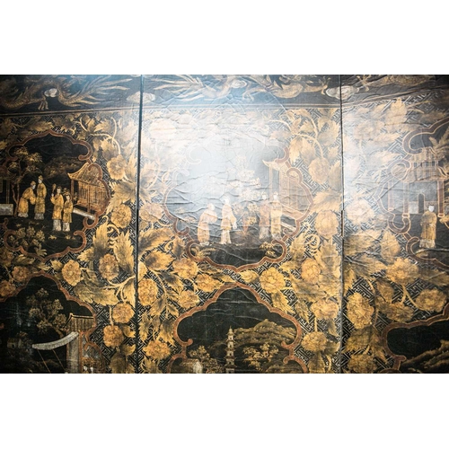 62 - A large Chinese six panel room divider, 20th century, painted with shaped panels enclosing figures i... 