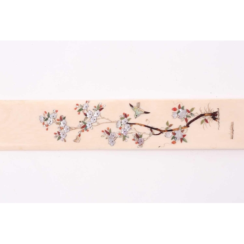 67 - A Japanese ivory and shibayama page turner, Meiji period, each side inlaid with blossoming flowers a... 