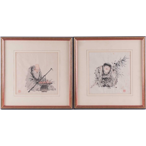 8 - A set of six Chinese Taoist immortals, early 20th century, watercolour, each with red seal mark, 19.... 