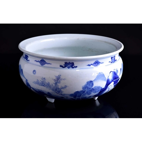 73 - A large Chinese porcelain blue & white Kangxi style censer, painted with scholarly figures in a moun... 