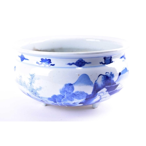 73 - A large Chinese porcelain blue & white Kangxi style censer, painted with scholarly figures in a moun... 