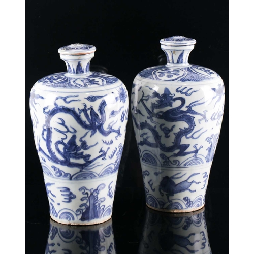 73A - A pair of Chinese blue & white Meiping, Ming dynasty, Wanli period, the shoulder painted with symbol... 