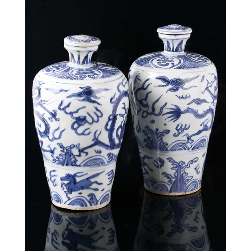 73A - A pair of Chinese blue & white Meiping, Ming dynasty, Wanli period, the shoulder painted with symbol... 